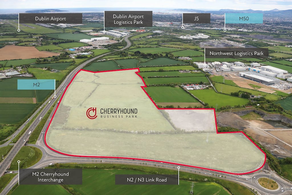 An aerial view of the Cherryhound Business Park lands.