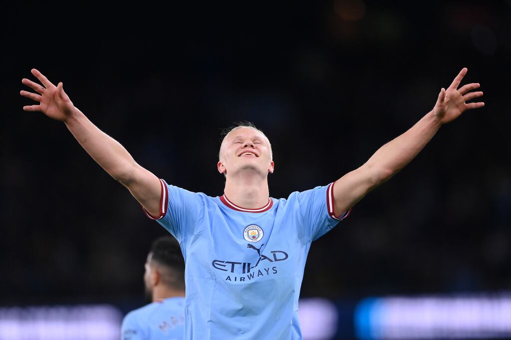 Erling Haaland celebrates after scoring his record breaking 35th Premier League goal of the season for Manchester City against West Ham. Photograph: Stu Forster/Getty Images