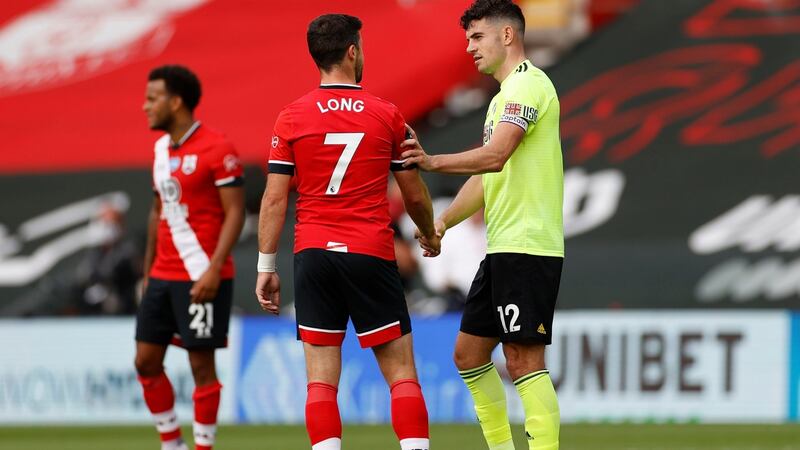 Shane Long of Southampton talks to fellow Ireland international John Egan of Sheffield United following the Premier League match at St Mary’s on Sunday. Photograph: Andrew Boyers/Pool via Getty Images