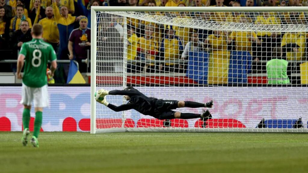 Republic of Ireland goalkeeper David Forde makes a save during the World cup qualifier against Sweden at the Friends Arena in Stockholm. Photograph: Donall Farmer/Inpho