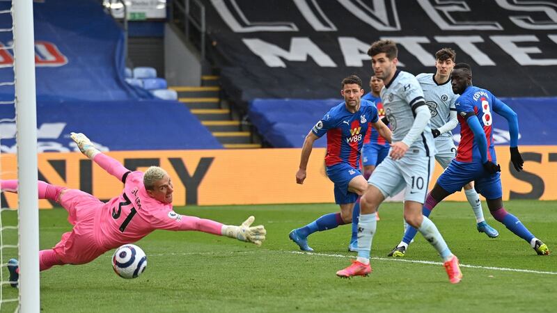 Chelsea’s Kai Havertz scores their first goal during the Premier League match against Crystal Palace at Selhurst Park. Photograph: Justin Tallis/PA Wire