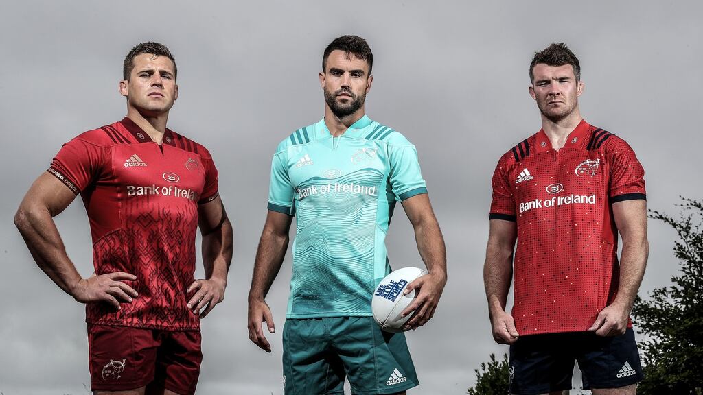 CJ Stander, Conor Murray and Peter O’Mahony at the launch of the 2018/19 Munster Rugby alternate and European jersey at Fota Island Resort in Cork. Photograph: Dan Sheridan/Inpho