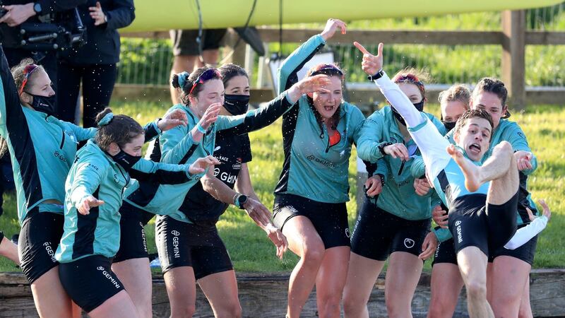 The Cambridge crew celebrate their victory in the Boat Race. Photograph: Mike Egerton/PA