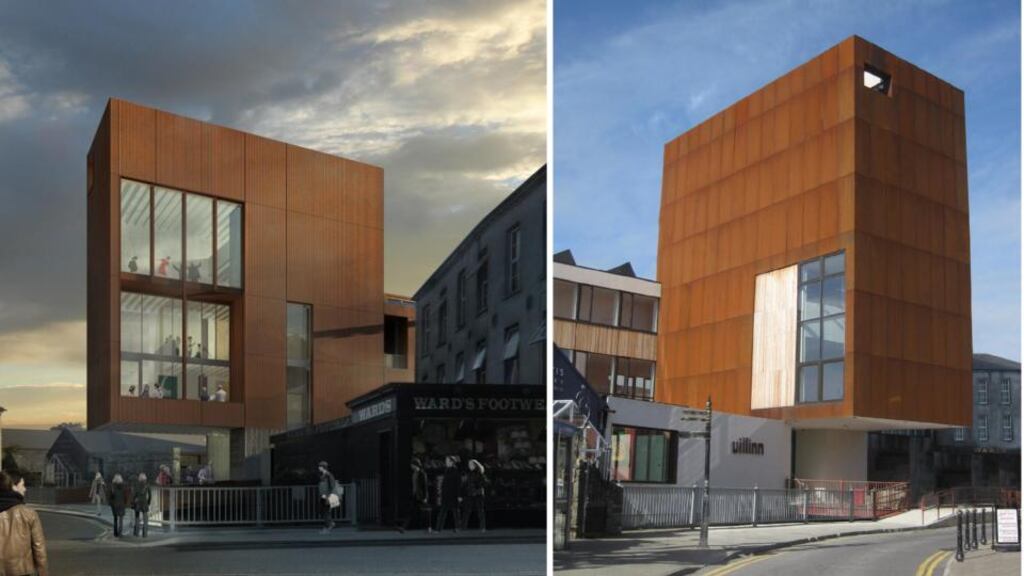 From left, a digital montage of how architects Donaghy and Dimond envisaged the West Cork Arts Centre; and the centre as it appears now