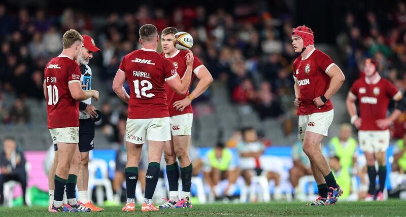 Garry Ringrose chats to Owen Farrell during the Lions' game against the First Nations and Pasifika XV. Photograph: James Crombie/Inpho