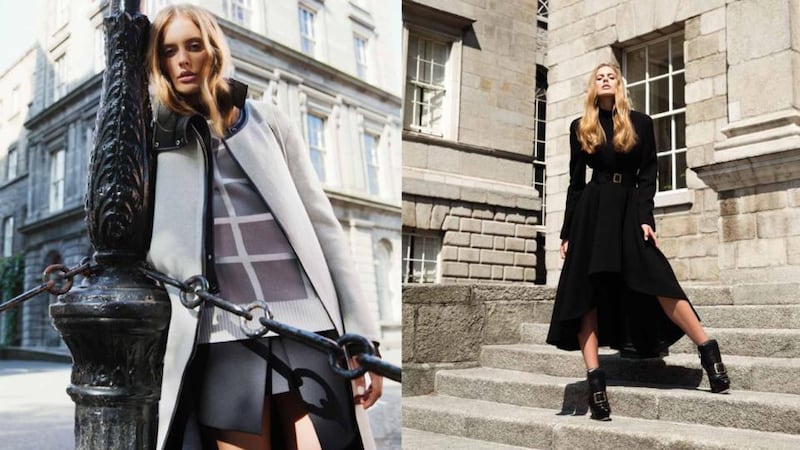 Left: Reversible neoprene collar coat, €1,260, Philip Lim; windowpane check sweater, €530, and neoprene skirt, €475, both JW Anderson. Right: Full skirted coat, €2,156, leather belt, €395, buckle boots, €930, all Alexander McQueen