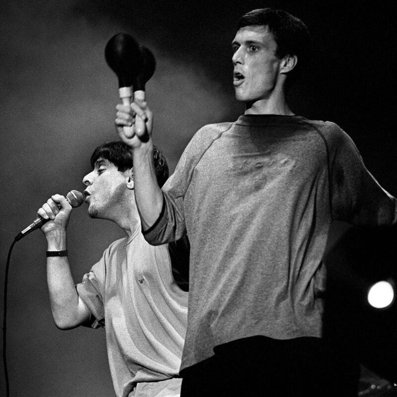 Happy Mondays: Shaun Ryder on stage with Bez in 1991. Photograph: Paul Bergen/Redferns via Getty