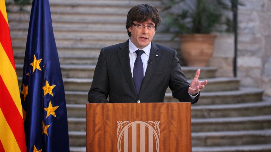 Carles Puigdemont speaks on Saturday after the Spanish government removed him from office. Photograph: Generalitat de Catalonia/EPA