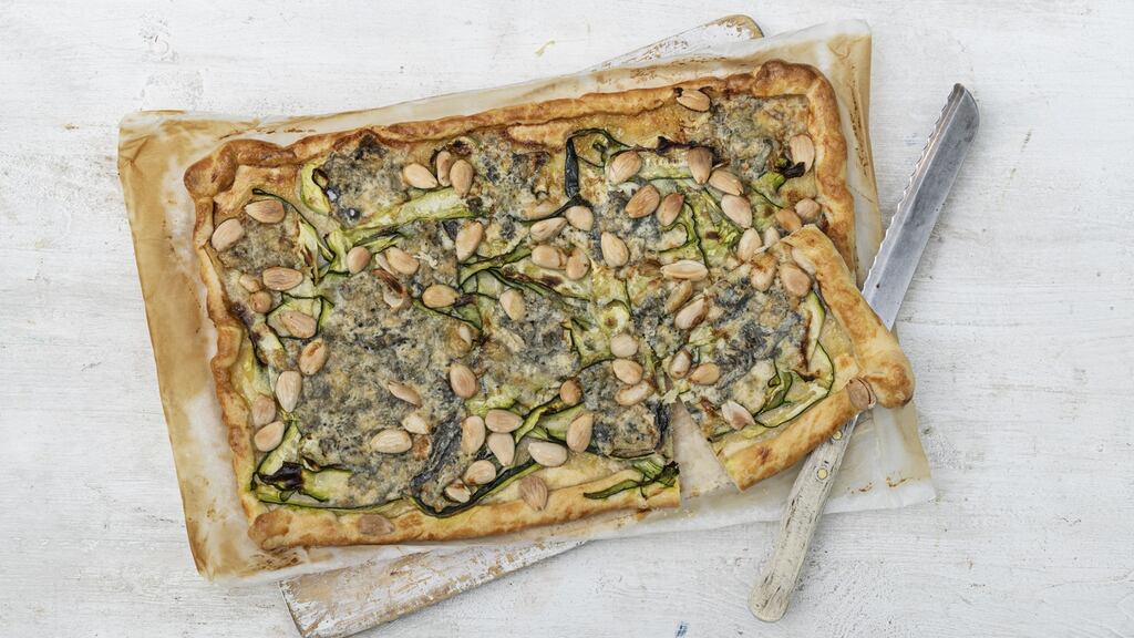 Courgette, almond and Gorgonzola tart. Photograph: Harry Weir