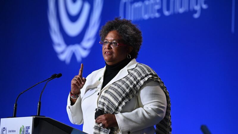 Mia Mottley, prime minister of Barbados, gave the standout speech at the Scottish Event Campus during the opening ceremony of Cop26. Photograph: Jeff J Mitchell/PA