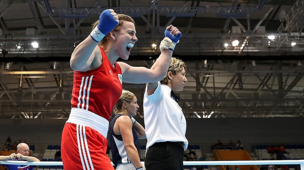 Ireland’s Michaela Walsh celebrates winning her Women’s Featherweight Semi Final against Russia’s Daria Abramova, during day eight of the European Games 2019 in Minsk. Photo: Martin Rickett/PA Wire