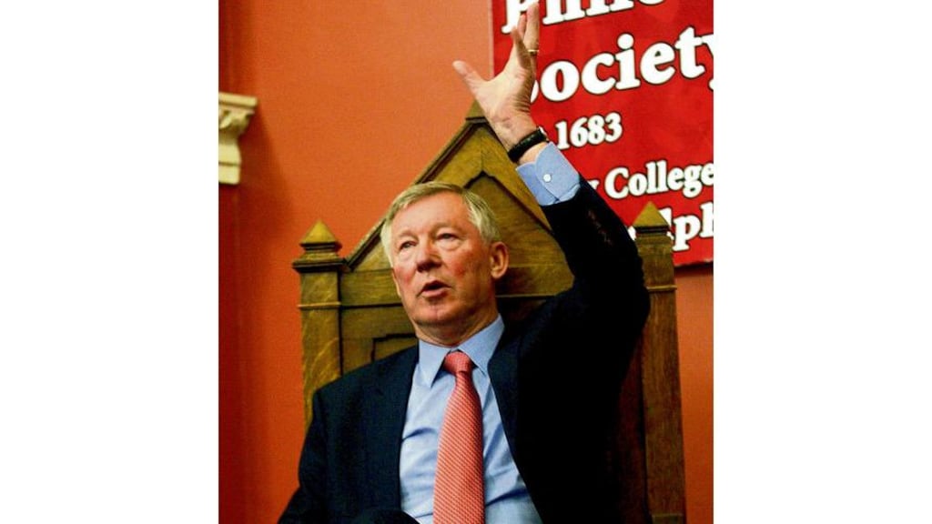 Manchester United manager Alex Ferguson, who was made an honorary patron of the Trinity Philosophical Society, speaking at last night's function in Dublin. - (Photograph: Lorraine O'Sullivan/Inpho)