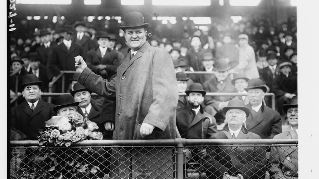 Governor of Pennsylvania John Kinley Tener (1863-1946), throwing out the first ball in the first game of the season at Ebbets Field, Brooklyn, April 14th 1914. Photograph: New York Times