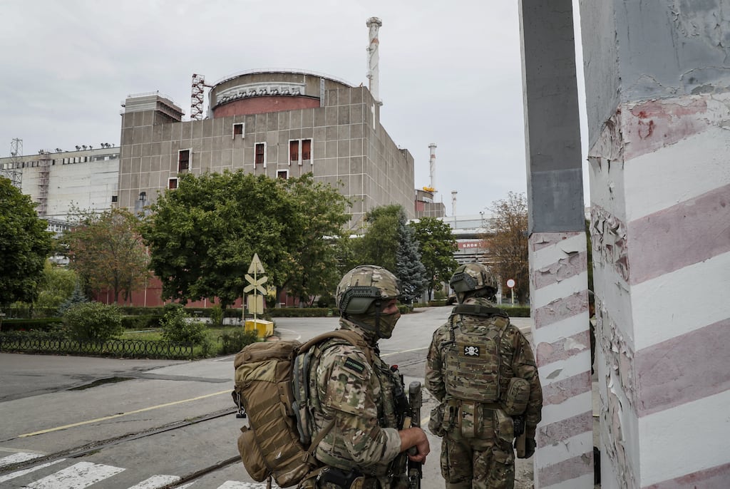 Russian soldiers at the Zaporizhzhia nuclear power plant in southeastern Ukraine. Photograph: Yuri Kochetkov/EPA