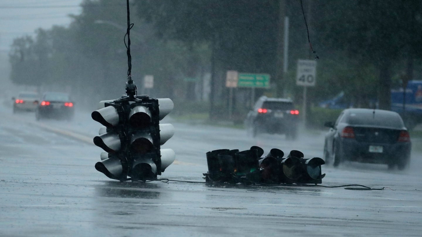A traffic light hangs in an intersection as Hurricane Matthew moves through Jacksonville, Florida on Friday. Photograph: AP