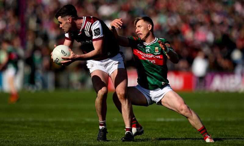 Galway's Sean Mulkerrins is tackled by Mayo's Ryan O'Donoghue during the Connacht final at Hastings MacHale Park, Castlebar. Photograph: Ryan Byrne/Inpho