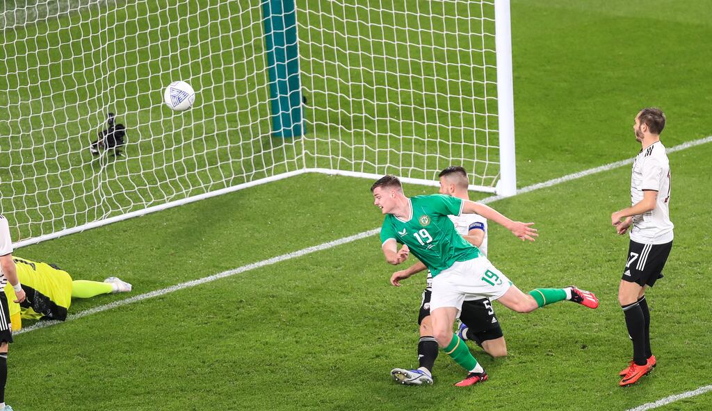Ireland's Evan Ferguson scores his side's second goal. Photograph: Evan Treacy/Inpho