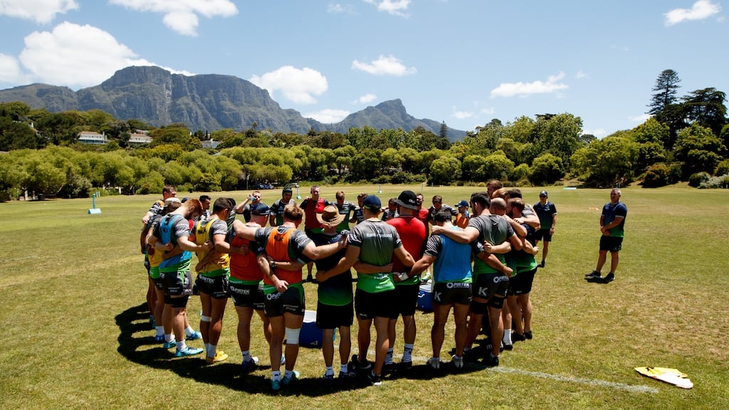 The Connacht squad in a huddle during training at Wynberg Boys High School, Cape Town, as they prepare for the game against the Cheetahs. Photograph: James Crombie/Inpho