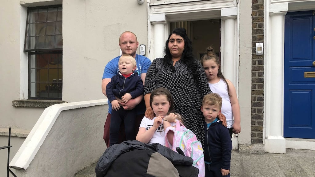 Josh Daly (22), holding Josh O’Connor-Daly (2), stands beside Jade O’Connor (26), Teegan O’Connor (8), Casey O’Connor (6), and Cillian O’Connor-Daly (3). Photograph: Jack Power