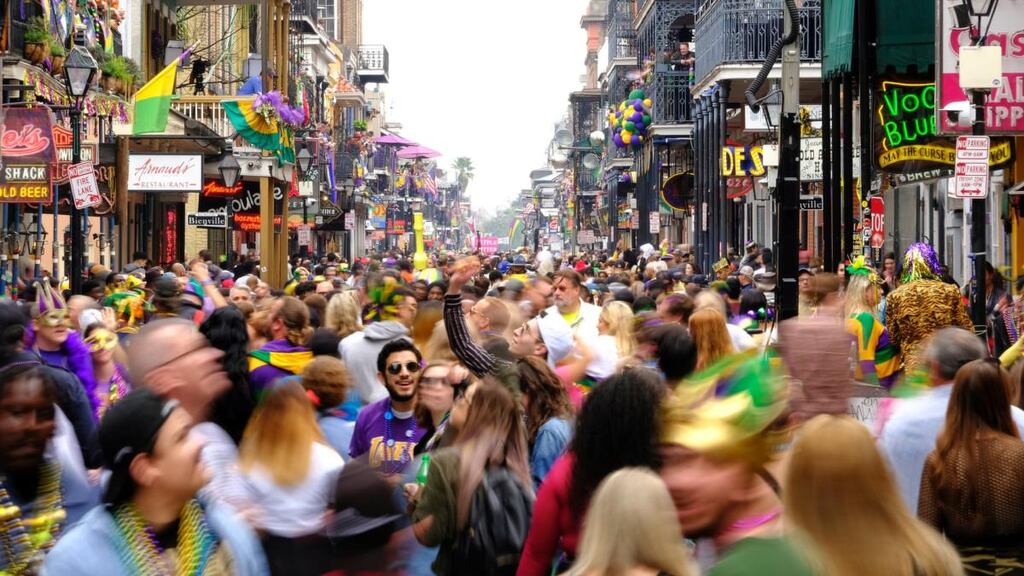 Coronavirus clusters: the French Quarter during this year’s New Orleans Mardi Gras. Photograph: Dan Anderson/EPA