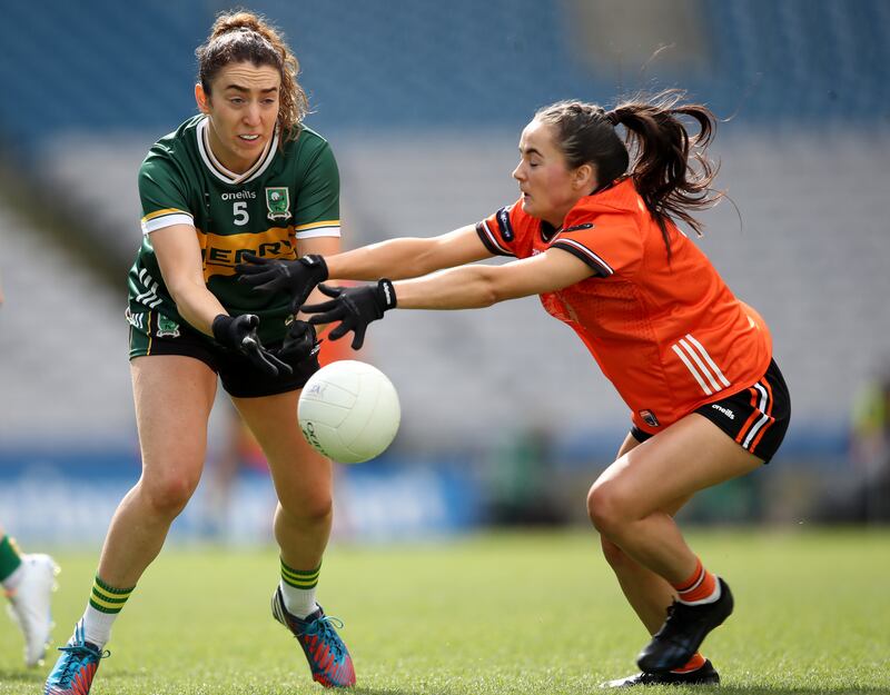 Armagh's Roisin Mulligan tackles Kerry's Aishling O'Connell during the LIDL Ladies National Football League final at Croke Park. Photograph: Leah Scholes/Inpho