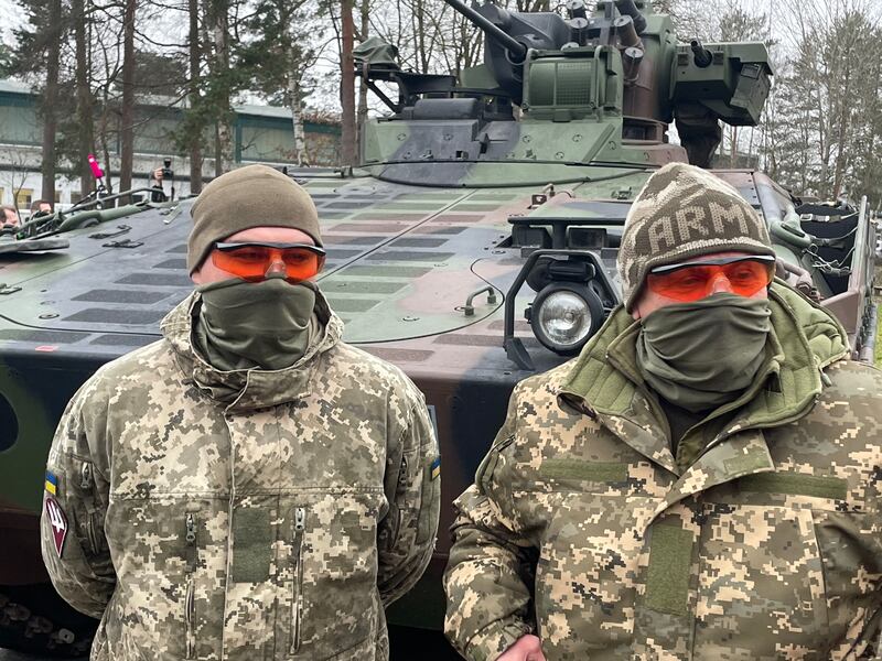 Vitalii and Anatolii, two Ukrainian soldiers training on Marder and Leopards in the German army base in Munster. Photograph: Derek Scally