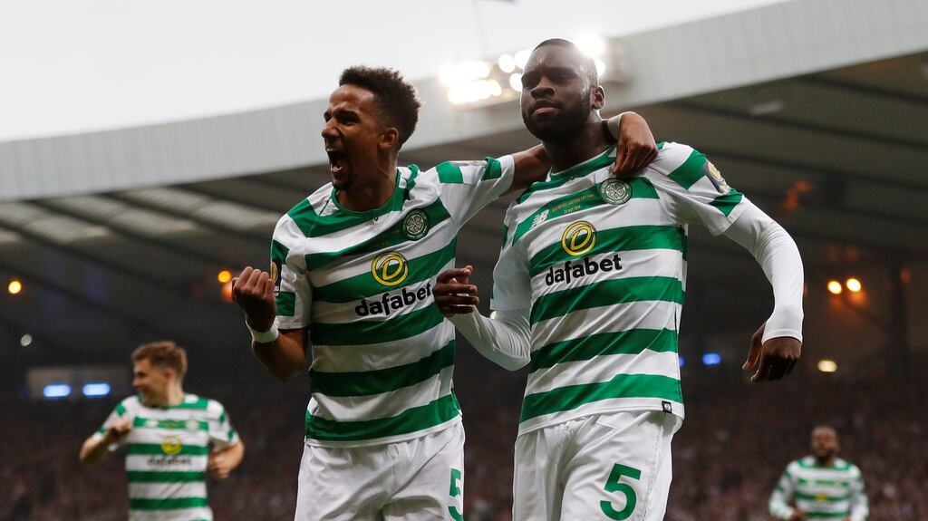 Celtic’s Odsonne Edouard celebrates scoring their second goal with Scott Sinclair during the Scottish Cup Final at Hampden Park. Photograph: Russell Cheyne/Reuters