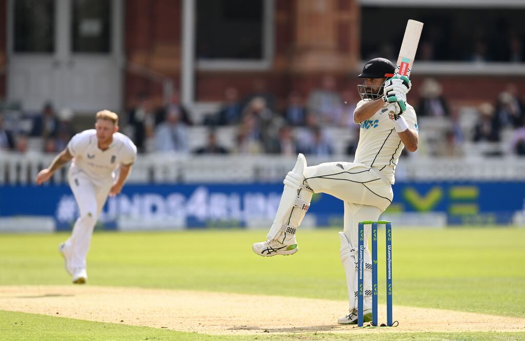 Daryl Mitchell of New Zealand pulls a delivery off the bowling of England captain Ben Stokes during day two of first Test at Lord's Photograph: Gareth Copley/Getty Images