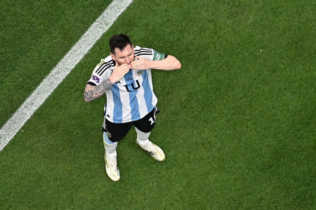 Lionel Messi celebrates scoring the opening goal during the crucial victory over Mexico in the Group C clash at the Lusail Stadium in Doha. Photograph: François-Xavier Marit/AFP/via Getty Images