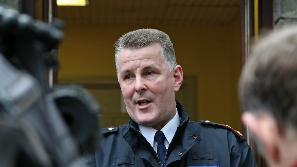 Superintendent Paul Dolan of Lucan Garda station speaking during a media briefing about the body of a man found in a burning car in Lucan. Photograph: Collins