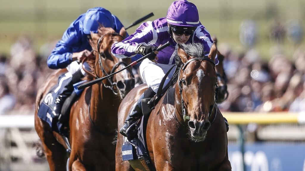 Donnacha O’Brien riding Saxon Warrior (right) to win the Qipco 2,000 Guineas Stakes at Newmarket in May. Photograph: Alan Crowhurst/Getty Images