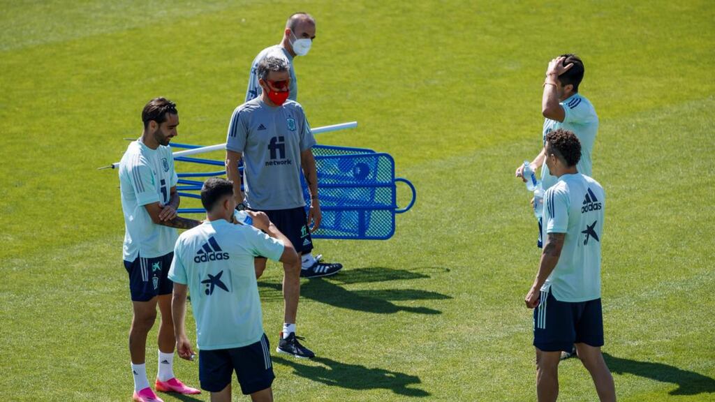 Spain’s head coach Luis Enrique leads his team’s training session at Ciudad del Futbol in Madrid last Tuesday. Photograph: Pablo Garcia/EPA