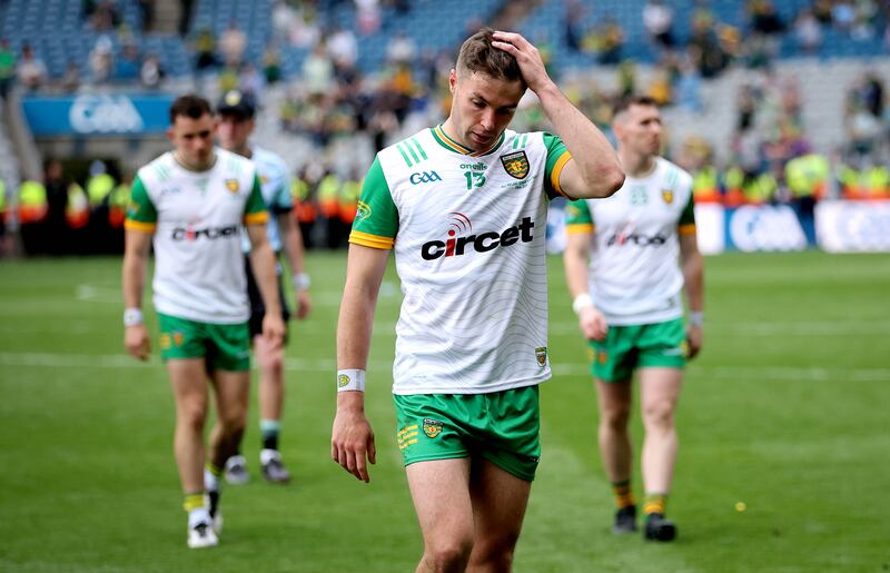Donegal’s Conor O'Donnell dejected after the game. Photograph: Ryan Byrne/Inpho