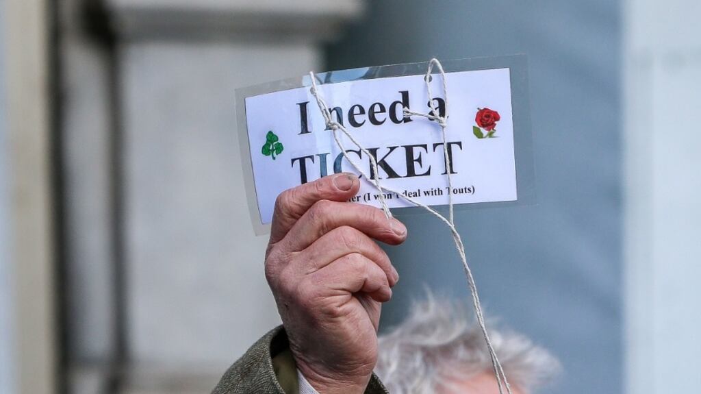 A fan looking for a ticket before last weekend’s Six Nations match against England at the Aviva Stadium. Photograph: Gary Carr/Inpho