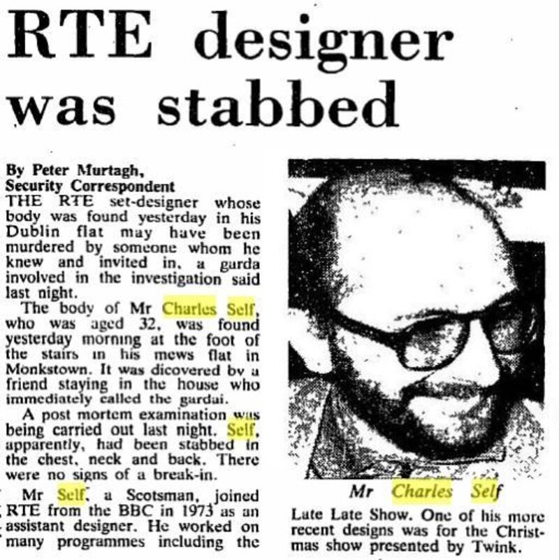 The 33-year-old Scotsman worked as a set designer for RTÉ. His designs included the set for Twink’s Christmas special in 1981