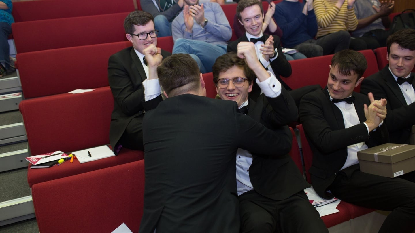 Students Daniel Gilligan and Ronan Daly from the Trinity College History team celebrate their victory. Photograph: James Forde