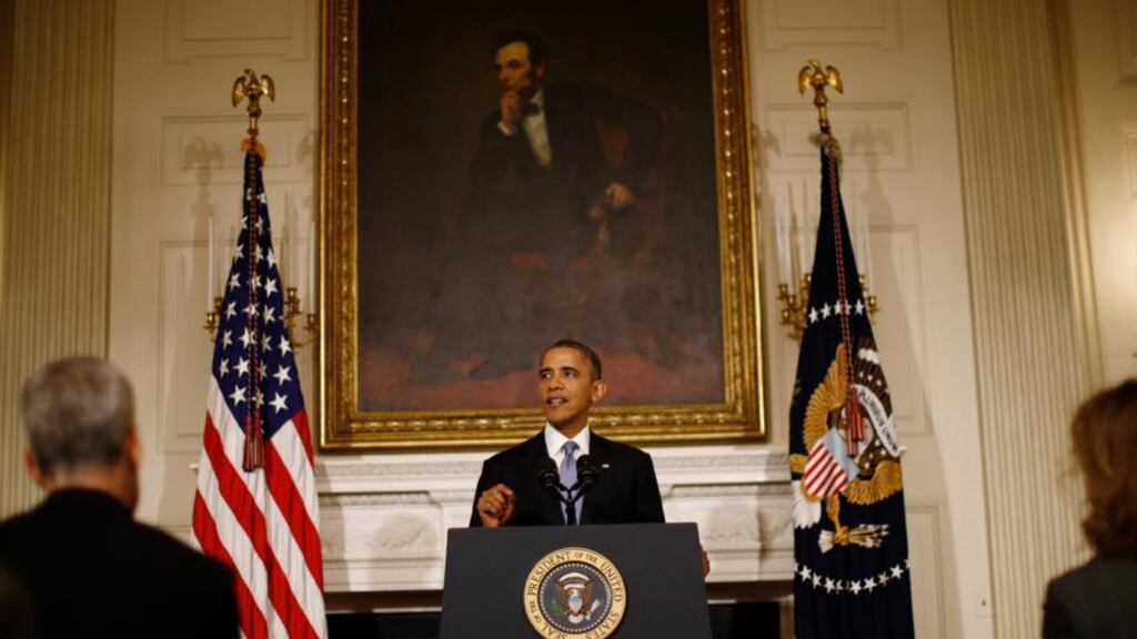 “The president who yearned to be transformational stood beneath an oil portrait of Abraham Lincoln and demanded . . . a farm Bill.” US president Barack Obama delivers remarks on the end of the government shutdown in the state dining room of the White House. Photograph: Reuters/Jason Reed