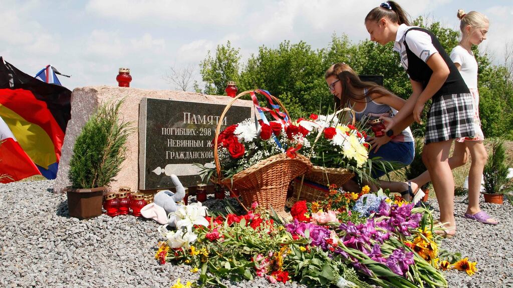 A monument for victims of the Malaysia Airlines flight MH17 downing over Donetsk in Ukraine. Photograph: Alexander Ermochenko/Reuters
