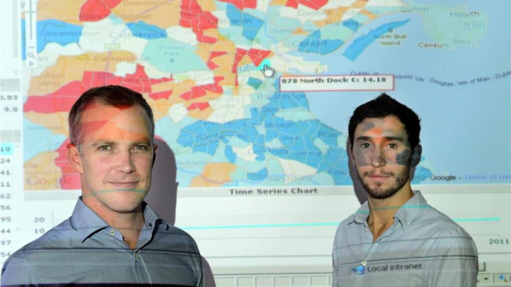 Justin Gleeson, manager (left) and Eoghan McCarthy, lead research assistant at AIRO All-Island Research Observatory, mapping facility at the National Institute for Regional and Spatial Analysis (NIRSA) at NUI, Maynooth. Photographer: Dara Mac Dónaill / THE IRISH TIMES