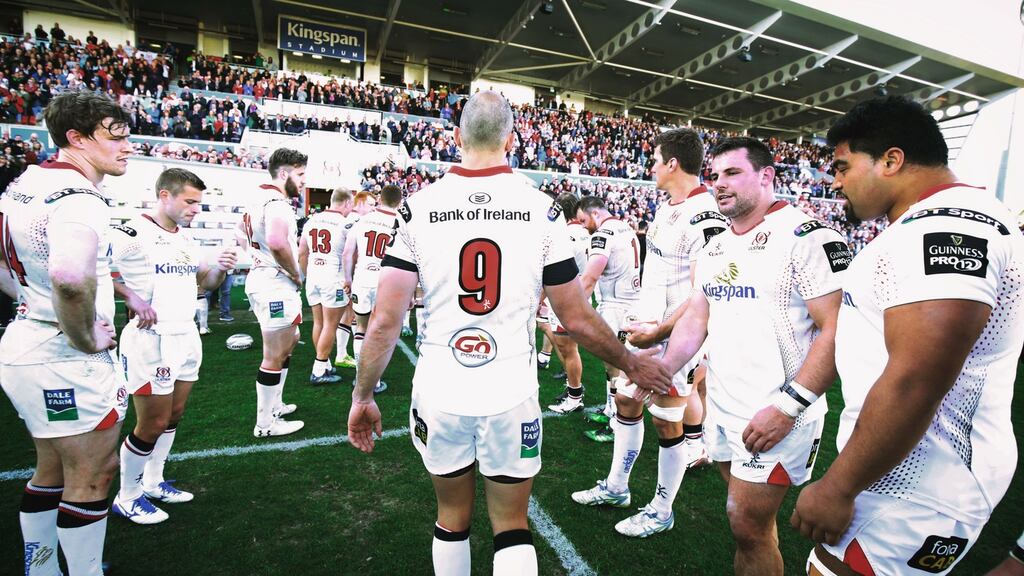 Ulster’s Ruan Pienaar says goodbye to the fans following his side’s Pro12 win over Leinster. Photograph: Darren Kidd/Presseye/Inpho