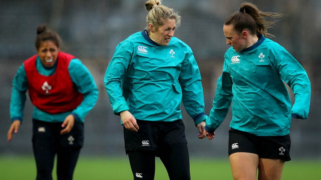 Alison Miller (centre) during Ireland’s Captain’s Run ahead of the England game. Photograph: Ryan Byrne/Inpho