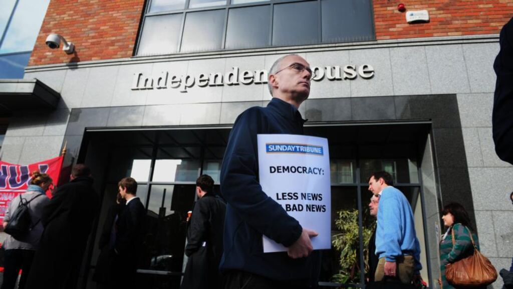 Members of the National Union of Journalists  protesting about the closure of the Sunday Tribune. Photograph: Aidan Crawley
