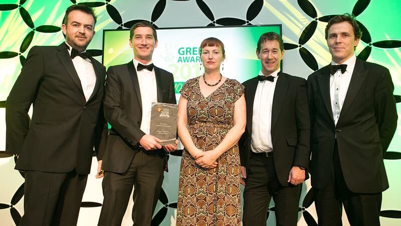 Laura Kearney, Landscape Architect and Designer, presents The Green Construction award to David O’Malley & James O’Hara, SSE, Liam Power, Roadbridge & Peter Lynch, Coillte.