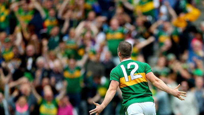 Kerry’s Stephen O’Brien celebrates scoring a goal during the All-Ireland semi-final win over Tyrone. Photo: James Crombie/Inpho