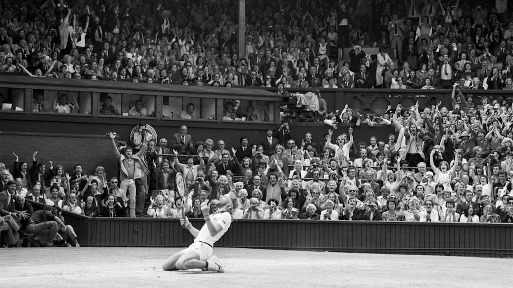Björn Borg sinks to his knees after winning the 1980 Wimbledon men’s singles final against John McEnroe. Photograph: Getty Images