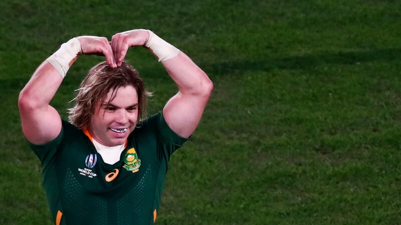 South Africa’s scrumhalf Faf de Klerk celebrates winning the Rugby World Cup final. Photograph: Getty Images