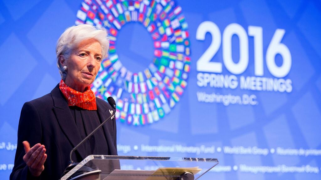 IMF managing director Christine Lagarde: the fund warned of the risk of political isolationism, notably Britain’s possible exit from the EU, and of growing economic inequality as it cut its global growth forecast for the fourth time in a year. Photograph: Stephen Jaffe/EPA