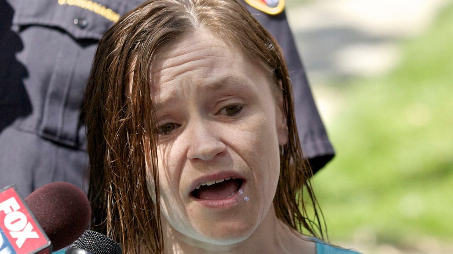 Beth Serrano, sister of Amanda Berry, addresses the media in Cleveland, Ohio. Photograph: John Gress/Reuters.