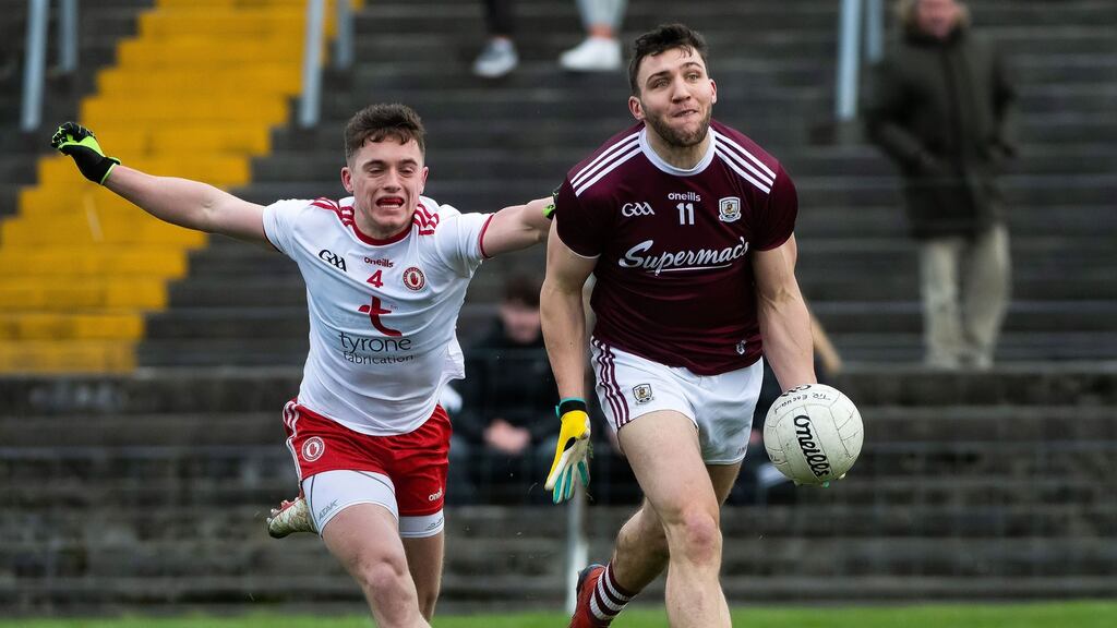 Galway’s Damien Comer and Tyrone’s Liam Rafferty in their AFL Division One match at St Jarlath’s Park in Tuam on February 23rd. Photograph: Evan Logan/Inpho