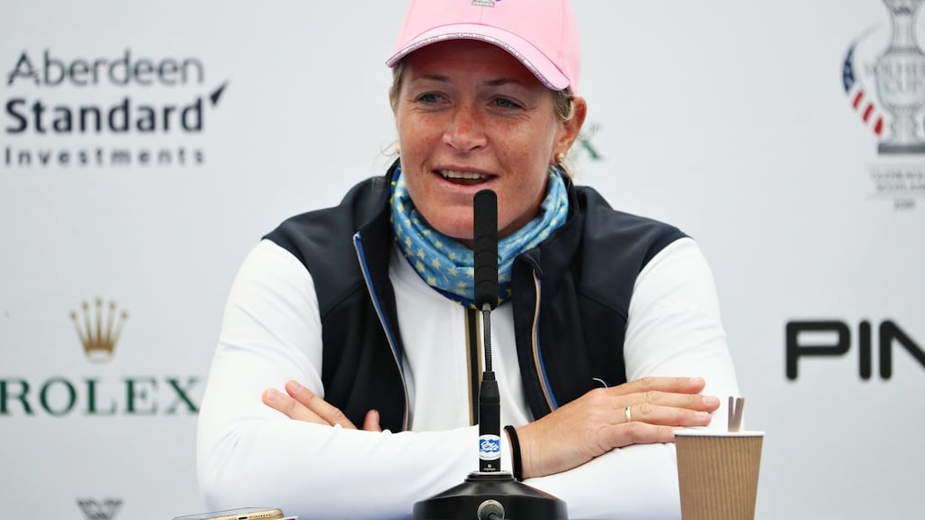 A hoarse Suzann Pettersen of Team Europe speaking to the press before the Solheim Cup at Gleneagles in Scotland. Photograph: Jamie Squire/Getty Images